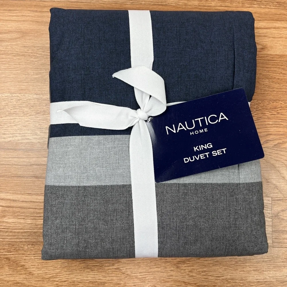 Nautica Home Rendon KING Size Duvet Cover‎ & Pillow Sham Set Grey/Navy NEW